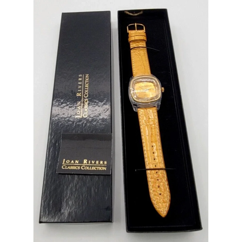 NEW Joan Rivers Classics Yellow Rhinestone Bezel Watch Black Box Leather‎ Strap